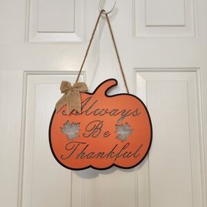 Wooden Always Be Thankful Light Up Pumpkin Door Sign Rustic Burlap Bow NWT